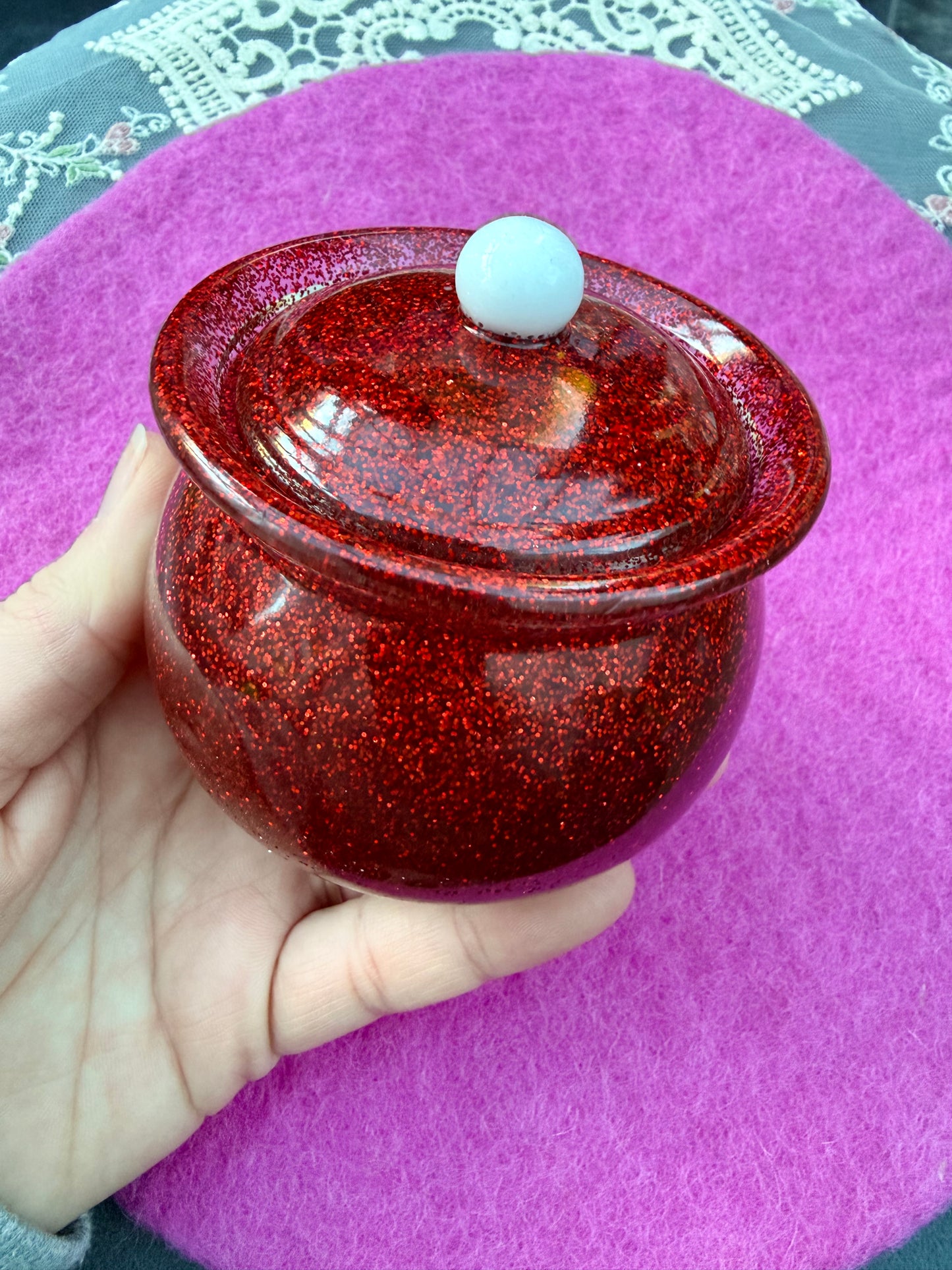 Ready made red glitter jar with lid